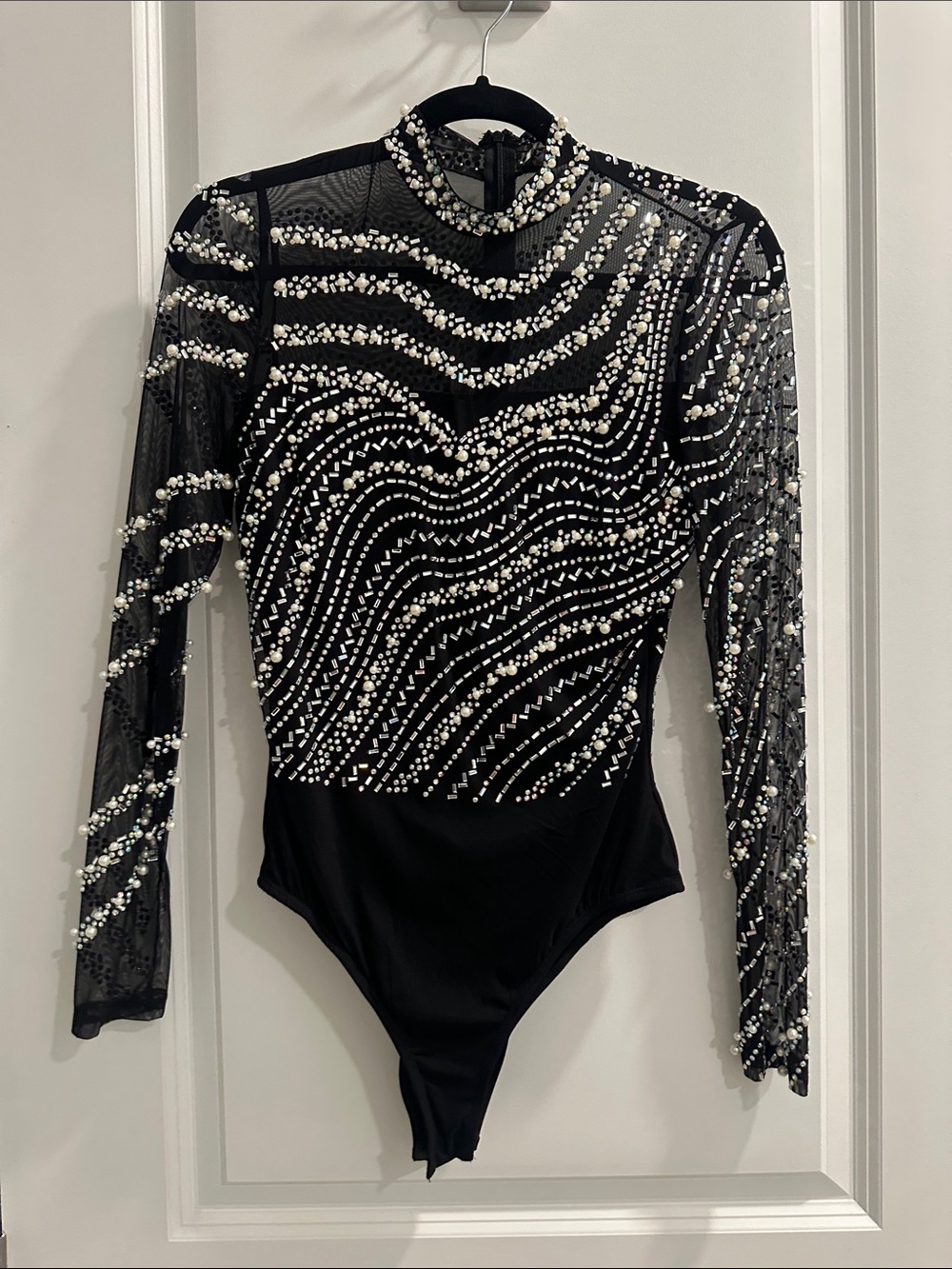 Banjul Black Sheer Mesh Bodysuit with Pearl & Rhinestone Embellishment